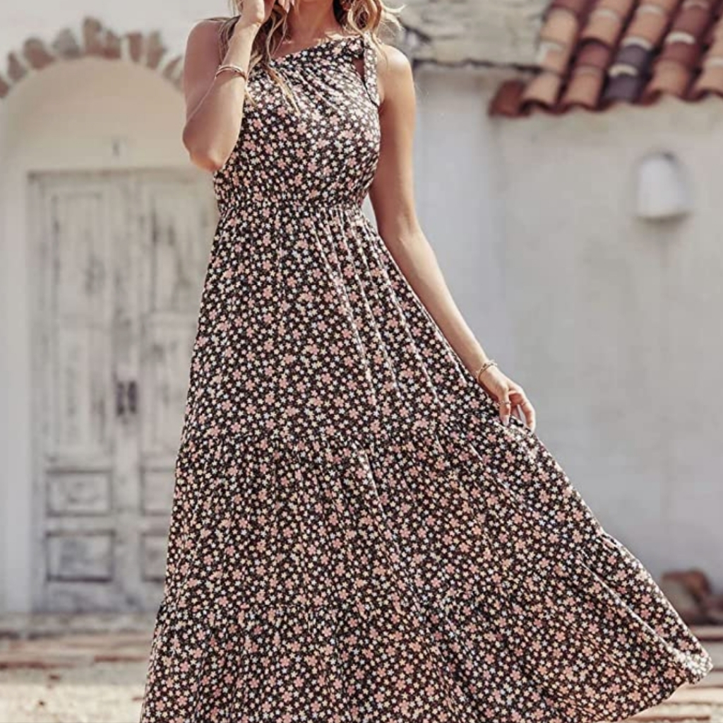 Pretty Garden | Women's Floral/Boho One-Shoulder Floral Maxi Dress